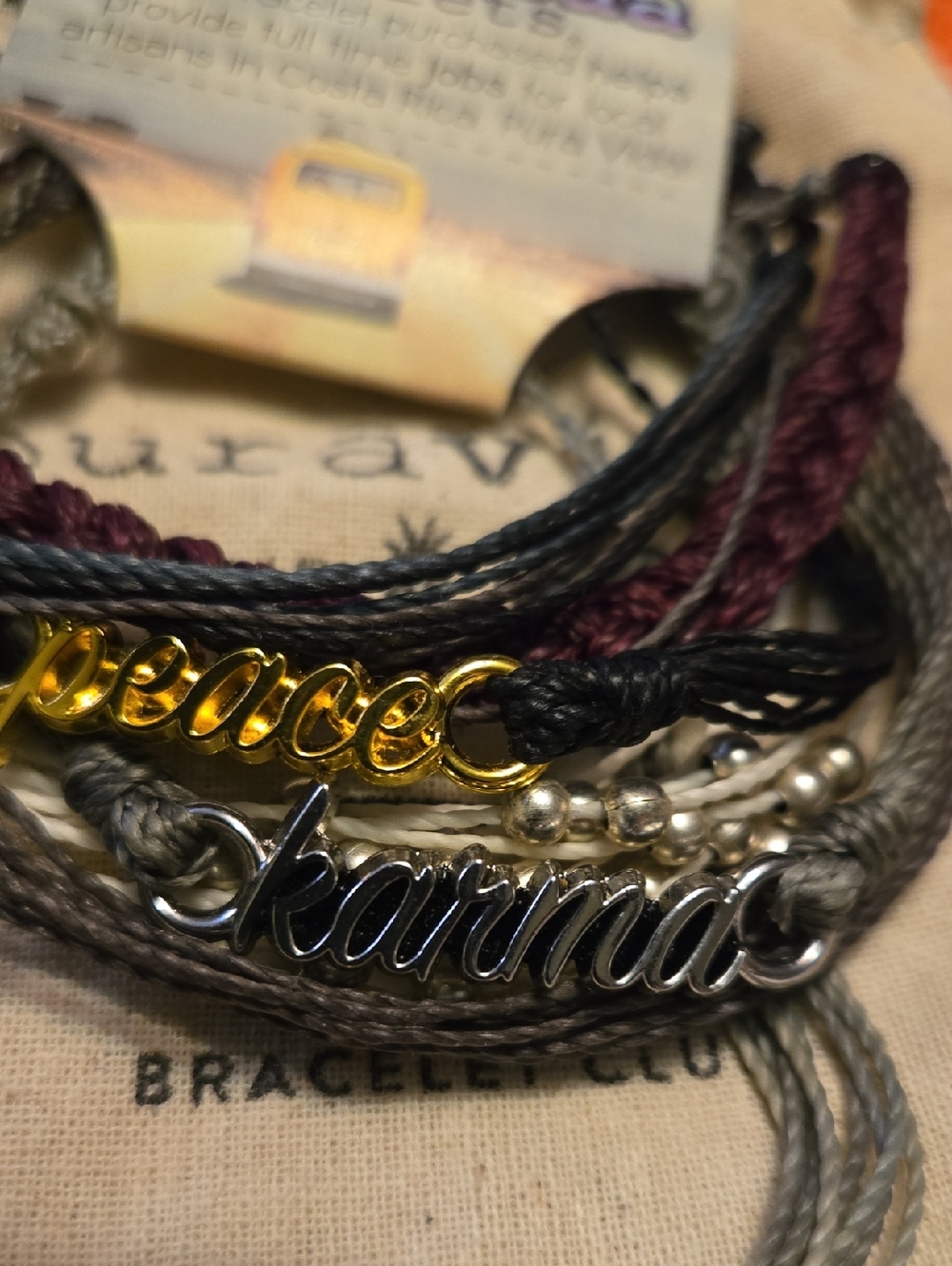 Pura Vida Peace & Karma Bracelet Stack - Gray, Black, Burgundy, Tan. Older Style - Picture 2 of 4